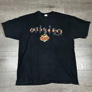 Vtg 90s Logo 7 Baltimore Orioles‎ T-Shirt Men's XL Black Spell Out